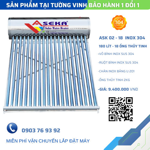 MÁY NƯỚC NÓNG 180 Lít ASEKA - Model: ASK-02-18 Inox 304